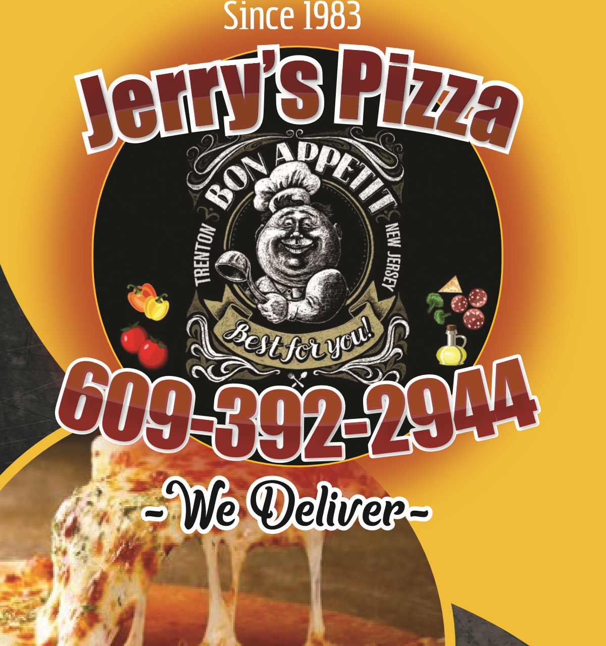 Jerry's Pizza logo, since 1983, 609-392-2944, we deliver